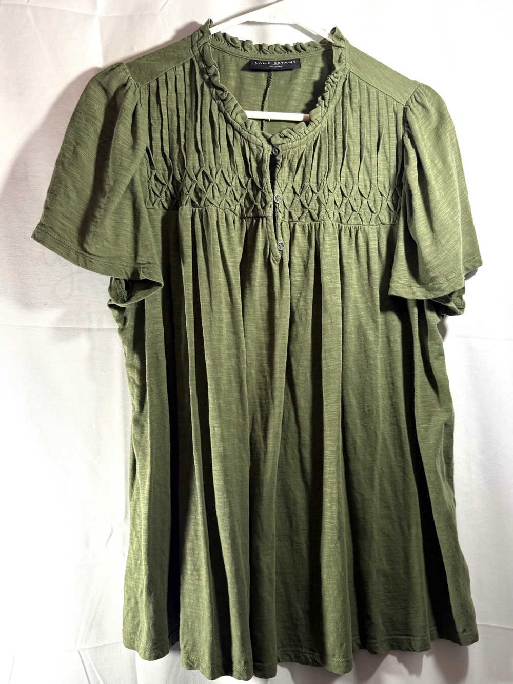 Lane Bryant Olive Smocked Yoke Short Flutter Sleeve Tunic Size 14/16